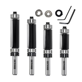 SICWOOD 4pcs Top and Bottom Bearing Flush Trim Router Bit Set 1/4 Shank, 1/2" Dia, Carbide Template Pattern Flush Cut Router bit, for Trimming Laminate, Cutting Length 13/16", 1", 1-1/4", 1-1/2"