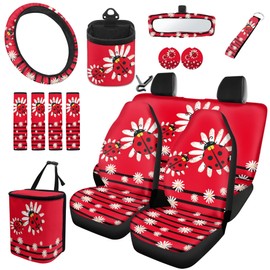 gearider 15 Pcs Ladybug Car Front and Back Seat Cover Steering Wheel Cover Seatbelt Strap Cover Garbage Can Rear View Mirror Protector Keychain for SUV/Sedan/Truck, Red