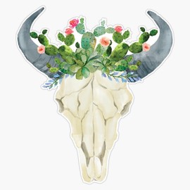 Bull Skull with Cacti Crown - Hand Painted Watercolor Bumper Sticker Vinyl Decal 5"