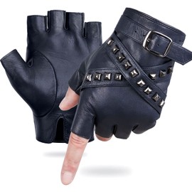FIORETTO Men Fingerless Gloves Unlined Leather Driving Gloves Punk Rock Half Finger Gloves Navy Medium