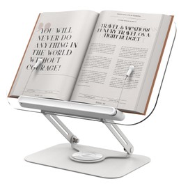 Acrylic Book Stand for Reading Hands Free - Adjustable 360° Rotating Cookbook Holder with Elastic Page Clips & Foldable Base, Multi-Angle Desktop Display Stand for Recipes, Textbooks, Tablets, Bibles