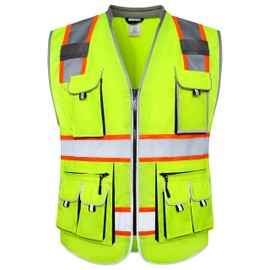 JKSafety 10 Pockets Class 2 Hi-Vis Zipper Front Yellow Safety Vest | Cushioned Collar | High Reflective Tapes with Extended Neon Orange Strips | Meets ANSI/ISEA Standards (4X-Large, 89-Yellow)