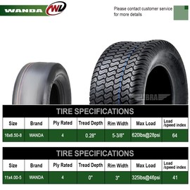 WANDA Set 4 Zero-Turn Lawn Mower Turf Tires 11x4-5 Front & 16x6.5-8 Rear /4PR -13204/13019