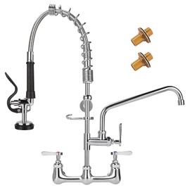 KWODE Commercial Kitchen Faucet Wall Mount with Pre Rinse Sprayer, 25" Height 8" Adjustable Center Wall Mount Restaurant Sink Faucet with 12" Swivel Add-on Spout and Pull Down Sprayer
