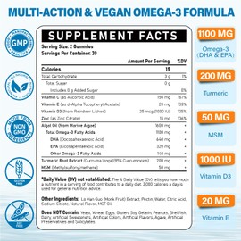 Vegan Omega 3 Supplement Gummies 1100mg - Omega 3 DHA 680mg & EPA 340mg with Turmeric, MSM, Vitamin C, E, D3, Zinc for Adults - Algae Omega 3 Fish Oil Alternative - for J0int,Immunity, Eye, Skin