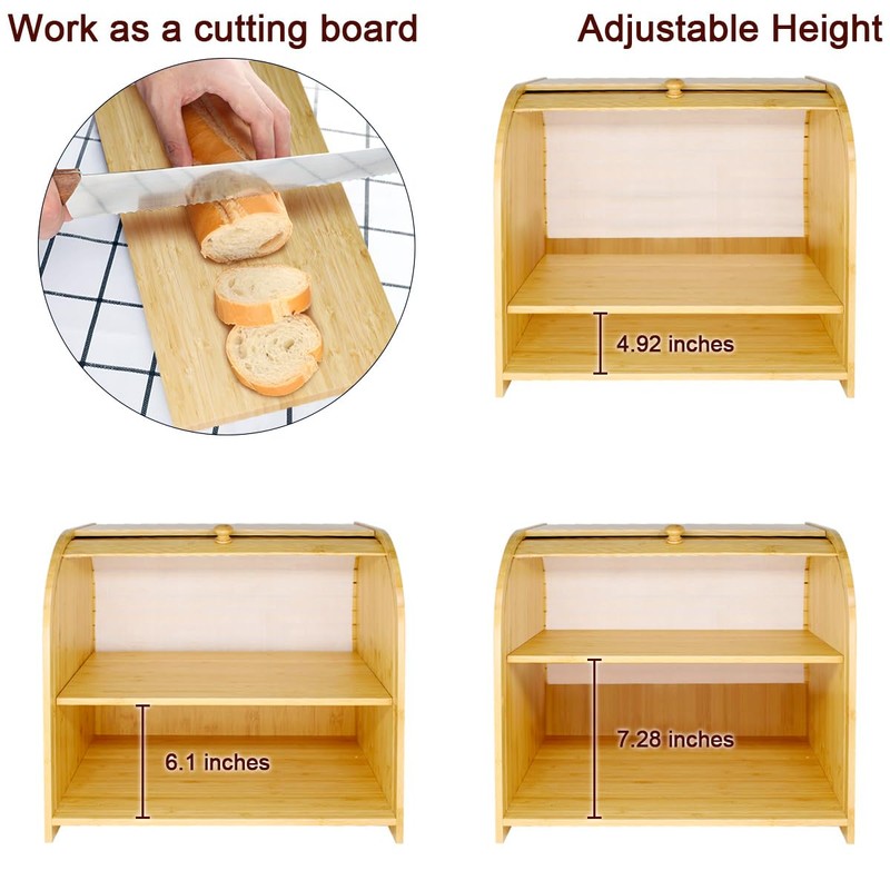 WRONWA Natural Bamboo Bread Box for Kitchen Countertop, Double Layer
