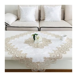BrekSdat Rectangle Tablecloth Beige Lace 33 x 33 Inches for Dining Tables End Bedstand Wedding Banquet Party Washable Fabric Carnation Flower Decor