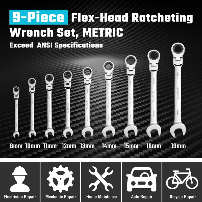 DURATECH 9-Piece Flex-Head Ratcheting Wrench Set, Combination Wrench Sets, 72