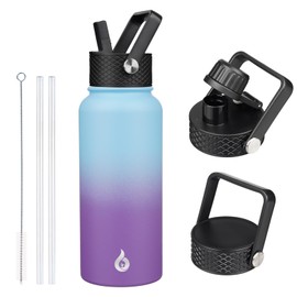BJPKPK - Botellas de agua aisladas con tapa de popote, botella de agua grande de metal de 32 onzas con 3 tapas, termo reutilizable a prueba de fugas, 