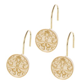 Creative Scents Shannon Decorative Shower Curtain Hooks Gold - Set of 12 Beige with Gold Shower Hooks for Shower Curtain - Sturdy Constructed Smooth Gliding Shower Rings for Curtain