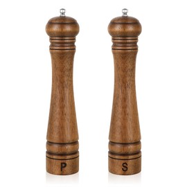 Pack of 2 Wood Pepper Grinder Set, 10 Inch Salt Mill And Pepper Grinder Set, Pepper Mill, Salt Shakers with Adjustable Ceramic Rotor - Oak Wood Pepper Grinder And Salt Mill for Your Kitchen