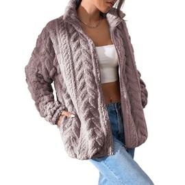 Dokotoo Sherpa Fleece Jacket for Women Zip Up Long Sleeves Stand Collar Side Pockets Oversized Outwears,Purple Small