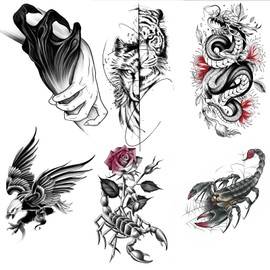 Nirbffo Black Scorpion Eagle Dragon Tiger Temporary Tattoo Rose for Man 6Pieces