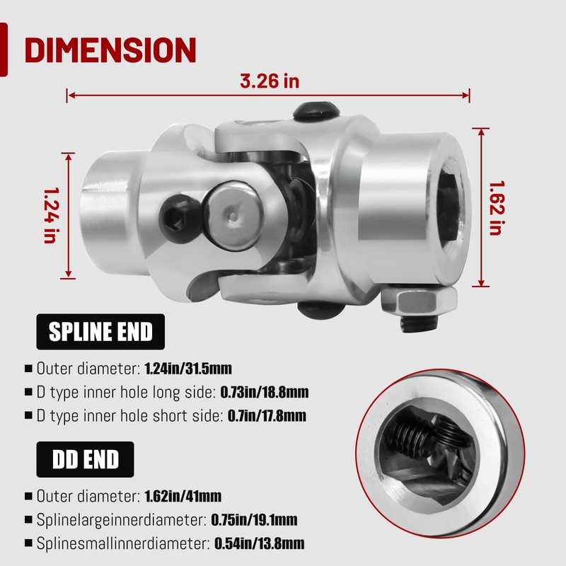 3/4-36 Spline X 3/4" DD Universal U Joint Endxedo Chrome