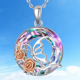 Dishowme Crystal Rose Flower Necklace Rhinestone Butterfly Pendant Necklace Dazzling Glaze Circle Jewelry for Women Girls (Silver A)