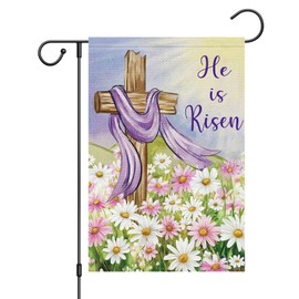 Louise Maelys Easter Garden Flag He Is Risen Cross Floral 12x18 Inch Double Sided Daisy Flower Small Burlap Spring Holiday Yard Outdoor Flag Outside Home House Decoration (Only Flag)