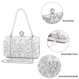 YYW Clutch Purses for Women Embroidery Sequins Beaded Evening Bag Pearl Clutch Handbag Shoulder Bag for Formal Party Wedding, Silver, One Size