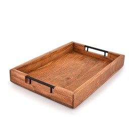 Mahasu Tray with Metal Handles Acacia Wood Serving Tray Decorative Ottoman Coffee Table Tray for Living Room Kitchen Food Tray (15" X 10" X 1.6")