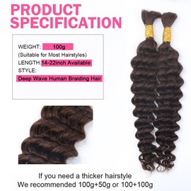 Deep Curly Human Braiding Hair for Boho Braids Brown Deep Water Wave Human Hair Braiding Hair No Weft Hair Bundles for Bohemian Knotless Braids 16 18 Inch Bulk Human Hair for Braiding 50g/Bundle