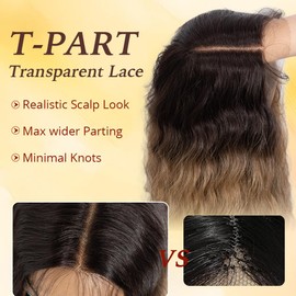 Rebecca Q Water Wavy Wig Long Wavy Lace Front Wig For Women T-Part Natural Hairline Synthetic Wigs Long Ombre Brown Wig For Daily Cosplay Party 30 inches