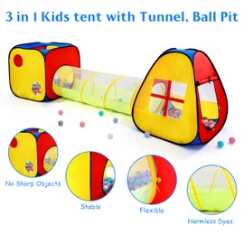 3 in 1 Pop Up Kids Play Tent with Tunnel and Ball Pit for Kids, Boys, Girls, Babies and Toddlers, Indoor/Outdoor Playhouse, Red&Yellow&Blue