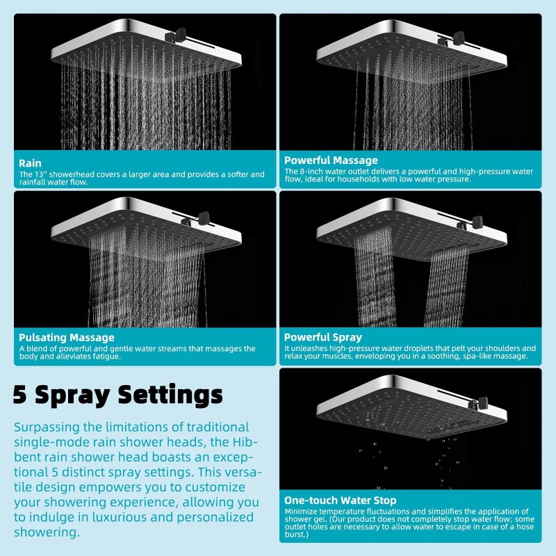 Hibbent High Pressure Adjustable 13” Square Shower Head,Rainfall 5 Spray