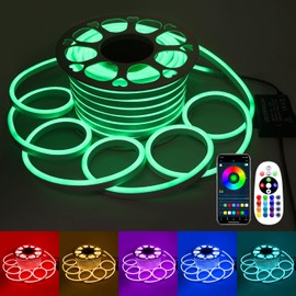 Aclorol 115FT RGB LED Neon Rope Light Outdoor LED Neon Light Strip Multi Color Music Sync Dimmable with Bluetooth APP Remote AC110-130V Flexible LED Strip Lights Waterproof for Home Building Decor 35M