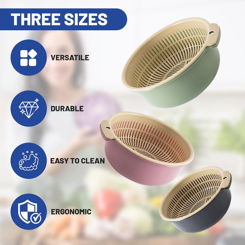 Large Kitchen Strainer Colander Bowl Sets,Double-Layer Plastic Fruits Vegetable Washing