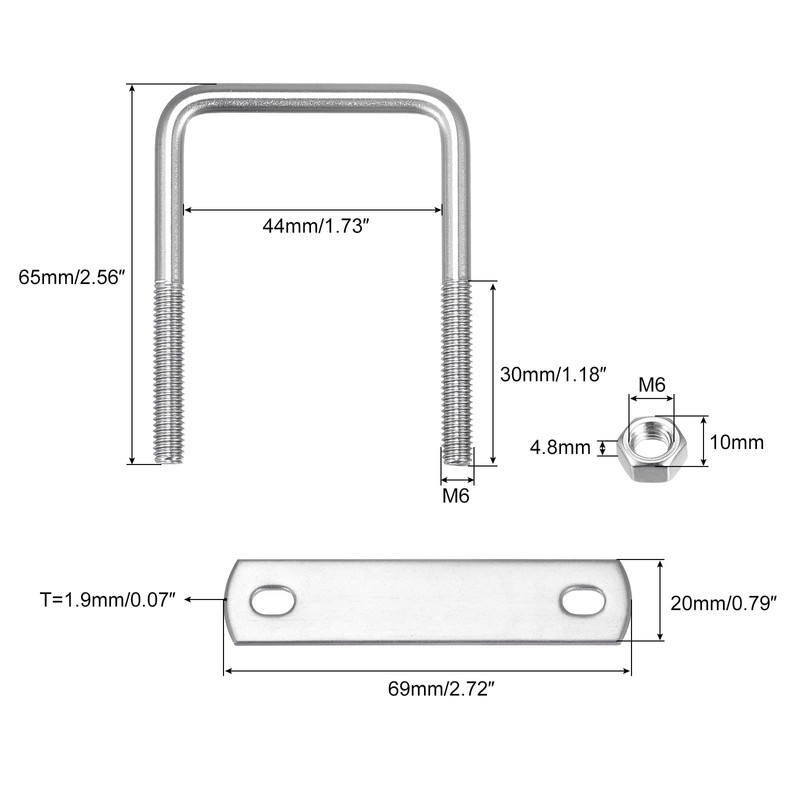 sourcing map Square U-Bolts, 3 Sets 44mm(1.73") Inner Width 65mm