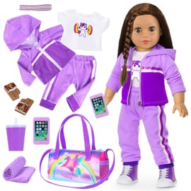Ecore Fun 18 Inch Doll Clothes and Accessories- Sport Outfit Set, 10 Pcs Girl Doll Clothes Include Sweatshirt Suit, Sport Bag, Headbands ect- Fit Sports Dress up Game