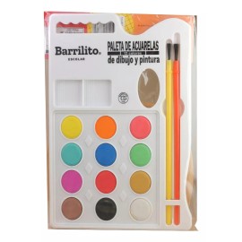 Barrilito Paleta De Acuarelas De Dibujo Y Pintura + Dos Pinceles ACP12
