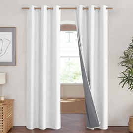 NICETOWN 100% Absolutely Blackout Linen Curtains with Thermal Insulated Liner, Greyish White, 42" Wide, 90" Length Energy Saving Curtains for Living Room 2 Panels Set, Vertical Blinds