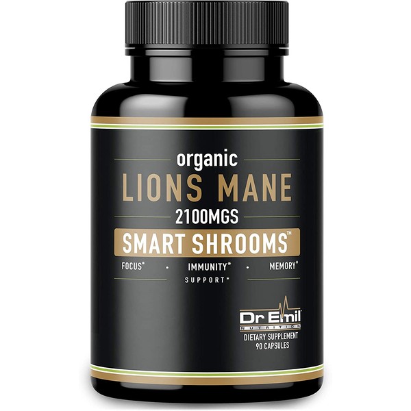 Dr. Emil Nutrition Organic Lions Mane Mushroom Capsule with Absorption Enhancers, Powerful Nootropic Brain Supplement and Immune Support with 100% Organic Lions Mane Extract, 30 Day Supply