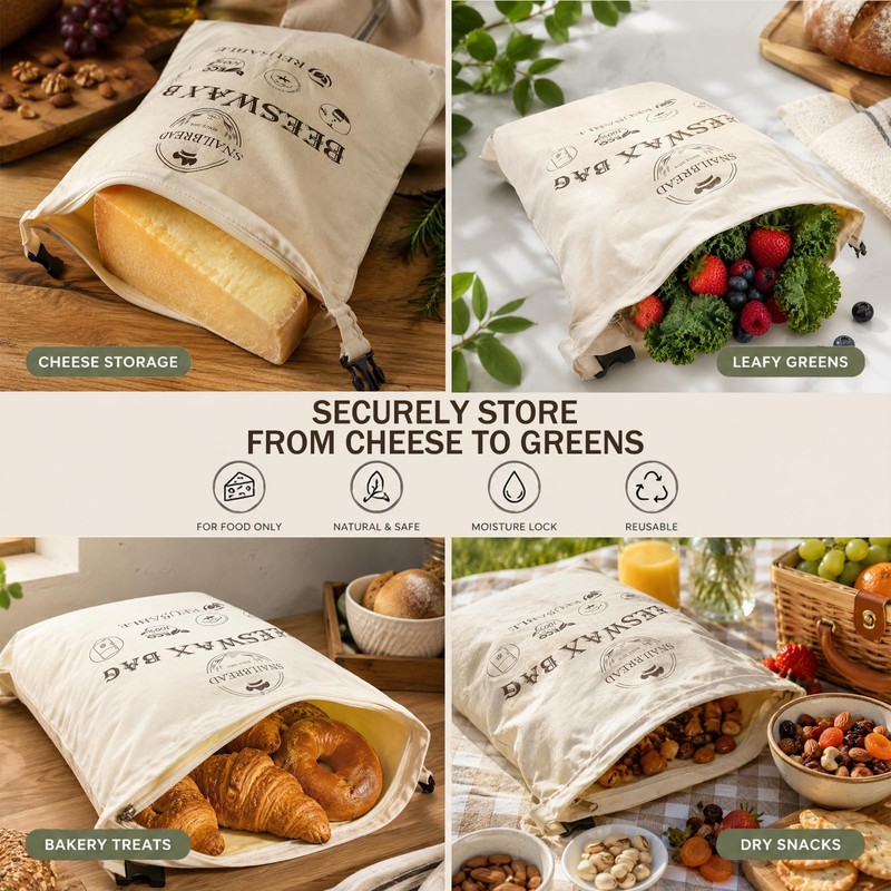 XL Reusable Beeswax Bread Bags with Zipper, 2 Pack for