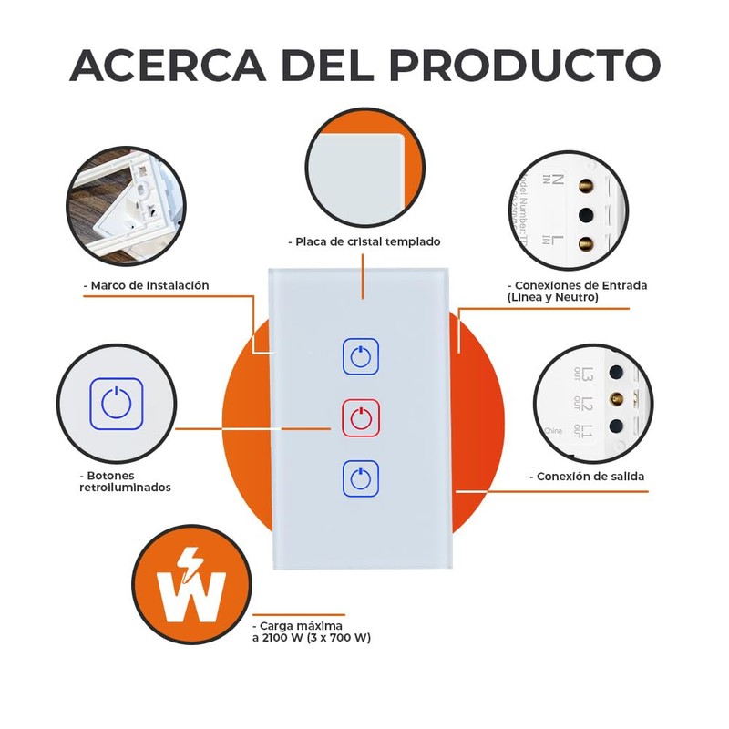 Tecnolite Connect - Apagador Inteligente Táctil WiFi 3 Circuitos, Requiere