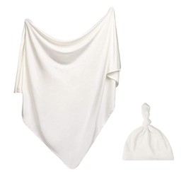 iEvolve Cotton Knitted Baby Swaddle Blanket with Hat Headband Set Newborn Swaddle Wrap Receiving Blankets for Baby Girl Boy 35" x 35"(White)