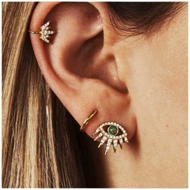 Cimenexe Bohemian Paved Evil Eye Stud Earrings Crystal Crown Ear Cuff Earrings Gold Circle Hoop Earrings Rhinestone Eye Earrings Set Jewellery for Women and Girls Gifts 3 Pieces