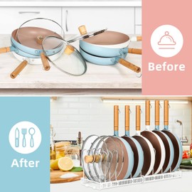 ROOHUA Organizador de ollas – Organizador de ollas y sartenes expandible para gabinete, soporte organizador de tapa de olla con 10 compartimentos ajustables para gabinete de cocina, utensilios de