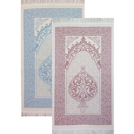 Modefa Islamic Prayer Mat Thin Woven Chenille and Taffeta Turkish Sajadah Intricate Design Metallic Ottoman Mat (White/Blue + White/Pink)