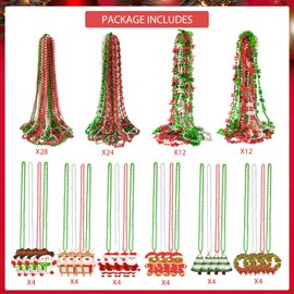 Becfupo 100 Pcs Christmas Beads Necklaces Bulk, Red Green Silver Beaded Necklaces With Xmas Tree Snowman Reindeer Santas Pendants For Chirstmas Party Favors