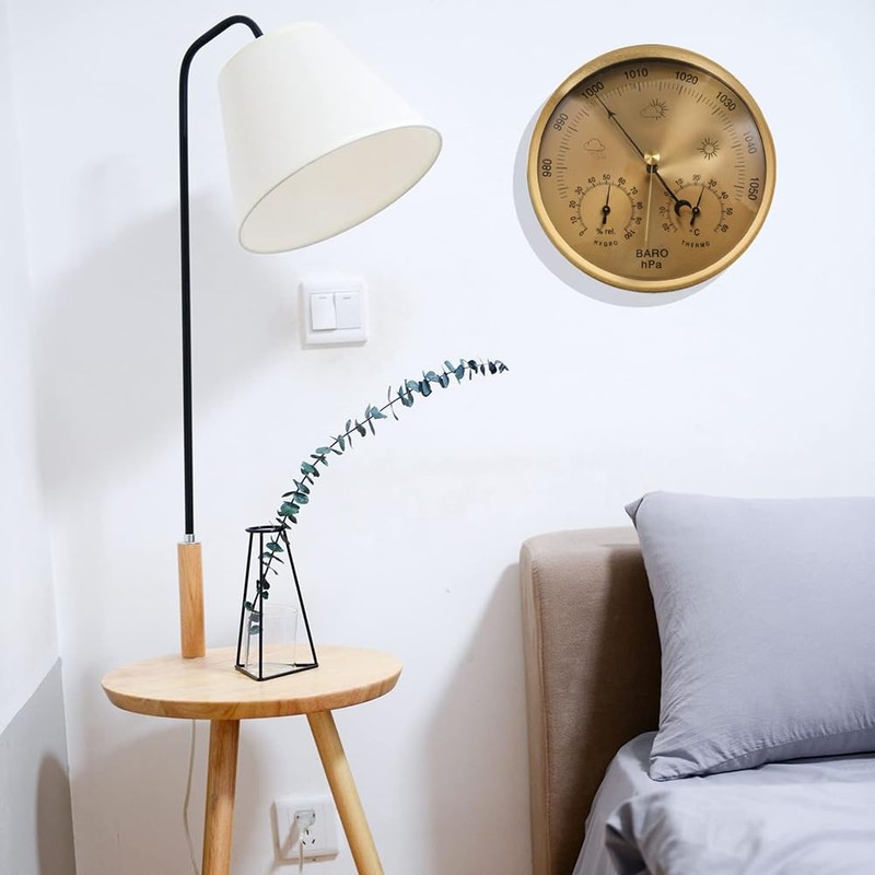 Dial Barometer Thermometer Hygrometer (Gold) Metal+ABS+Acrylic for Home, Wall Decor,