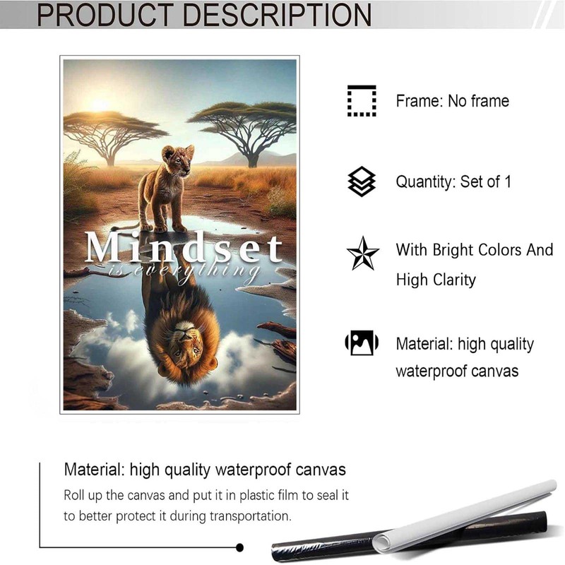 Inspirational animal poster, Mindset Is Everything, inspirational quotes lion reflection,