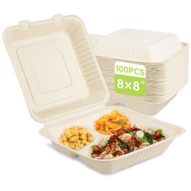 greensight Compostable Take Out Food Container 8X8, Disposable To Go Food Boxes With 3 Compartments, Biodegradable Clamshell Food Container, Eco-Friendly Made From Sugarcane Fibers