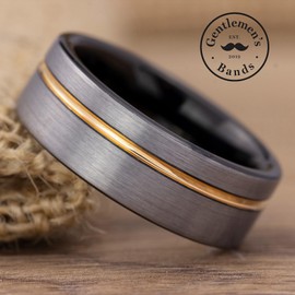 Men's Brushed Silver Tungsten Carbide Wedding Band - Premium Grade Wedding Ring with Gold Inlay- Includes Silicon Band, Leather Drawstring Pouch, & Premium Finished Walnut Ring Box (Size 10.5)