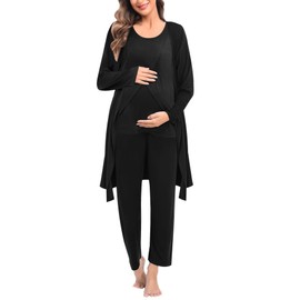SWOMOG Maternity Nursing Robe Set 3 PCS Postpartum Breastfeeding Pajamas Hospital Pregnancy Pjs Double Layer Lounge Set, Black Medium