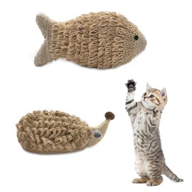 Andiker Cat Chew Toys, Fish and Hedgehog Shapes Hemp Rope Cat Fish Toys Built-in Sounding Particles Entertaining and Bite-Resistant Cat Toy for Indoor Cats and Kittens (Brown)