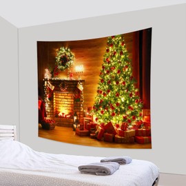 Christmas Tapestry Winter Fireplace Backdrop Xmas Santa Claus Reindeer Tree for The Living Room Background Wall Hanging for Party Home Christmas Wall Decor 59x51 Inches