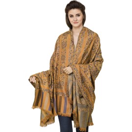 Exotic India Jamawar Shawl with Woven Flowers in Multicolored Thread - Color Butterscotch