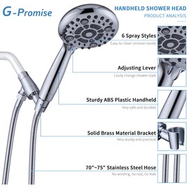G-Promise Handheld Shower Head High Pressure 6 Spray Settings, Detachable Hand Held Showerhead 4.9 Inch Face with Extra Long Flexible Hose and Metal Adjustable Bracket