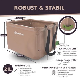 BERGTIGER® Folding Bowl Camping 18 L / 21 L with Extra Handle I Foldable Outdoor Washing Bowl & Sink I Washing Bowl Foldable for Washing I Robust Camping Accessories (Khaki/Olive - 21 Litres)